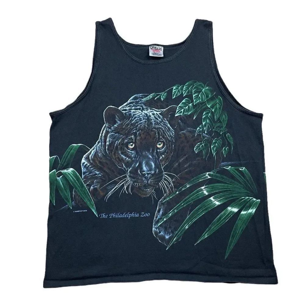 RARE Vintage 1995 Oneita Double Side Philadelphia Zoo Black Panther Mens Tank L